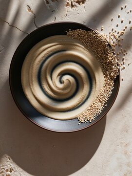 Top view of creamy tahini sauce artistically swirled in a dark shallow dish, garnished with scattered sesame seeds on a textured surface.