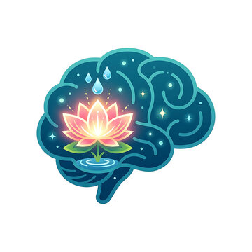 Lotus flower inside a brain shape glowing vector illustration on white background