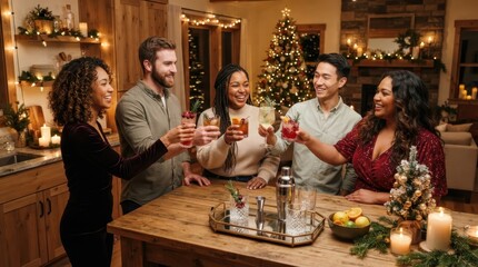 Fototapeta premium Friends celebrating Christmas with festive cocktails and holiday cheer