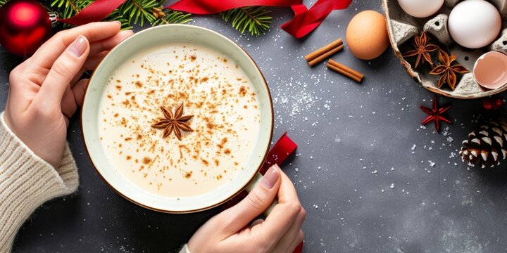 Hands hold a bowl of creamy beverage topped with spices, surrounded by holiday decorations and ingredients