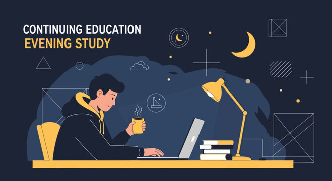 Young Man Studying Evening Online Course Laptop Desk Lamp Books Coffee