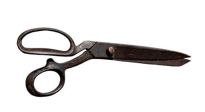 Heavy duty tailor shears with dark metal blades and worn finger loops on a solid white background