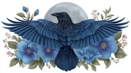 Naklejka premium Dark blue raven with outstretched wings and full moon. Symmetrical gothic illustration with blue flowers and green leaves on white background