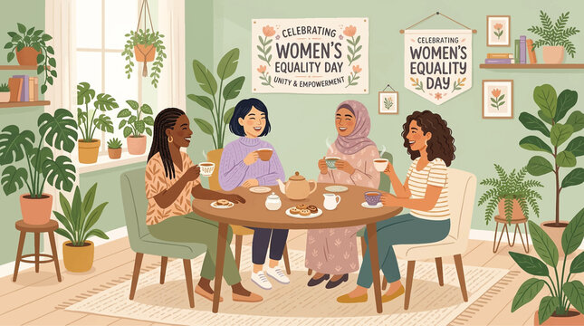 Celebrating Women's Equality Day illustration, diverse women having tea, female empowerment poster