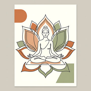 Line art figure meditating within a lotus flower minimalist illustration