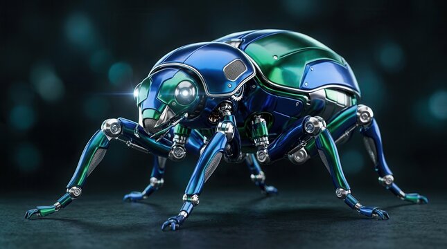 Macro close-up of a futuristic mechanical insect robot with shiny metallic blue and green reflective armor parts.