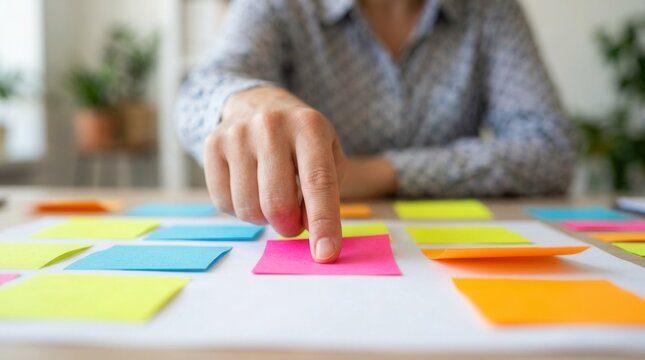 Faceless hand pointing at sticky notes during a brainstorming meeting, UX research, project planning, and team idea mapping with copy space.