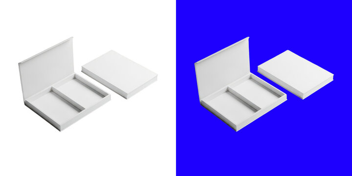 Open and closed empty white cardboard rectangular boxes for product packaging mockup in a simple isometric perspective view