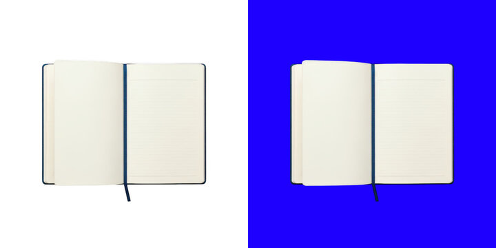 Open blank notebook with pages and blue bookmark string for creative writing and planning notes on a flat surface