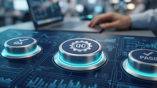 Close-up quality management concept visualization featuring QA QC and improvement icons on a diagram with copy space.