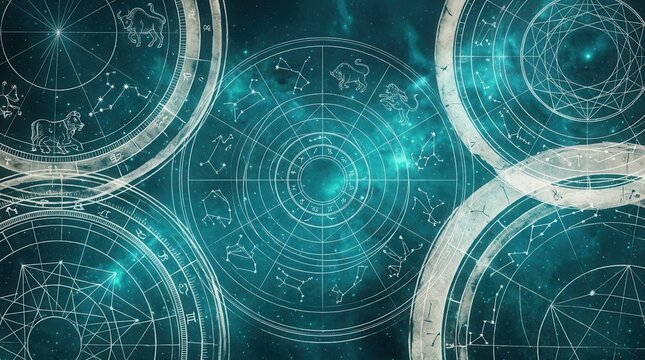 Intricate vintage celestial map displaying zodiac constellations and cosmic astrology illustration with copy space.