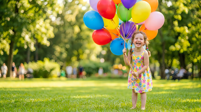 Girl holding colorful balloons in a park