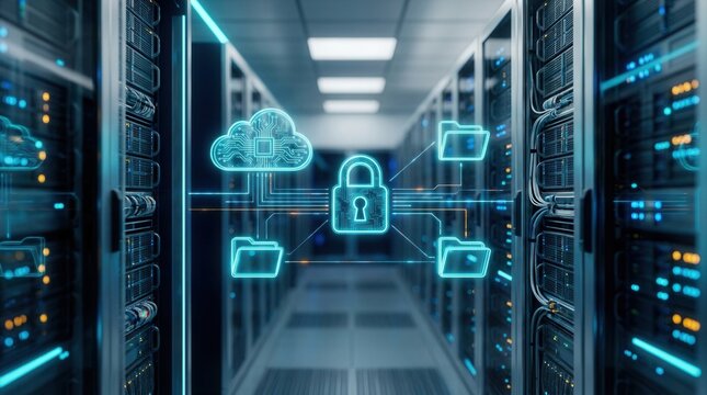 Business continuity concept with disaster recovery in a data center featuring digital icons for cybersecurity and cloud backup