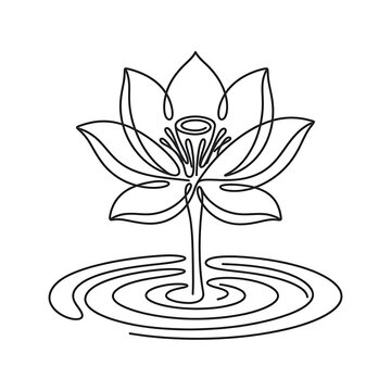 Lotus Flower Line Drawing With Ripples On White Background floral