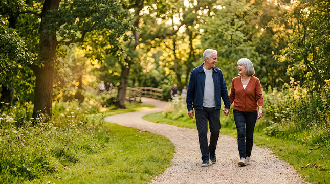 Senior couple walking hand in hand in park