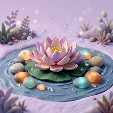 Lotus flower with pebbles and water droplets a 3d rendering