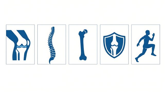 Orthopedic medical icons set, human bone and joint health symbols, 5 blue flat vector illustrations for skeletal care and sports medicine isolated on White Background