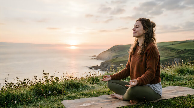 Woman meditating at sunset by the ocean