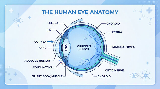 Human anatomy medical diagram body systems educational infographic. Human eye anatomy diagram illustrating detailed structure and components including lens, retina, and optic nerve 