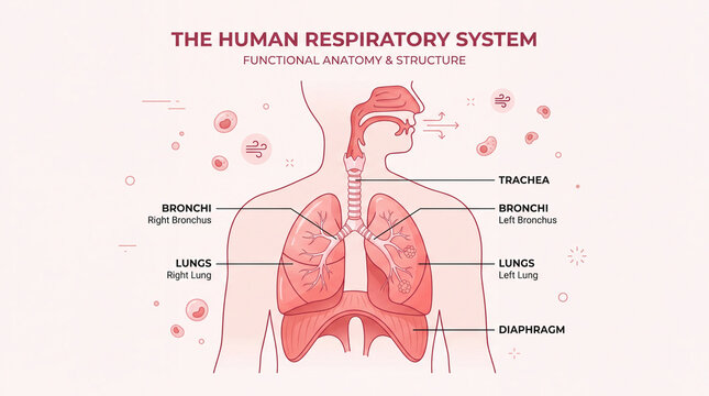 Human anatomy medical diagram body systems educational infographic. Human respiratory system diagram illustrating functional anatomy 
