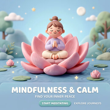 Meditating character seated within a pink lotus flower 3d rendering