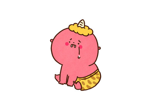 Red oni sitting on the floor and crying with tears, setsubun festival or defeated demon concept
