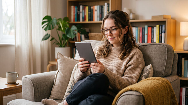 Young woman in glasses reading ebook using digital reader while sitting in comfortable armchair at home