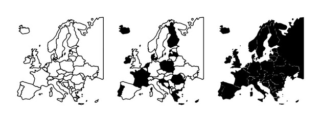 Obraz premium Europe Map Variations: Outline, Highlighted Countries, Solid Silhouette, Vector Graphics for Global Concepts