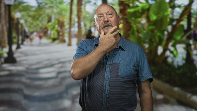 Man with hand on chin in a thinking pose on a tree lined street promenade, wearing denim shirt; quiet contemplation.