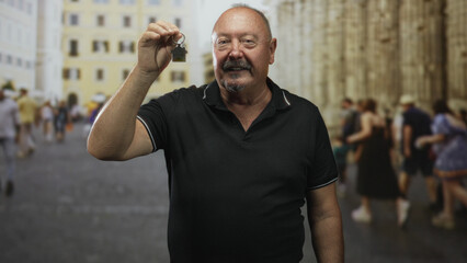 Naklejka premium Man holding keys in hand on street in a crowded plaza outside a cathedral, smiling and presenting a small house keychain; new home pride.
