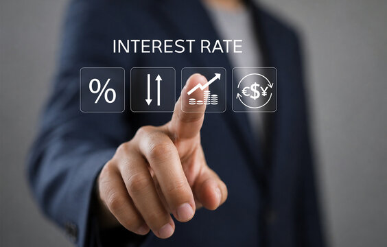 Interest rate financial and mortgage rates concept. Businessman touching interest rates icon on virtual screen. Calculate variable interest rates according to benchmarks.