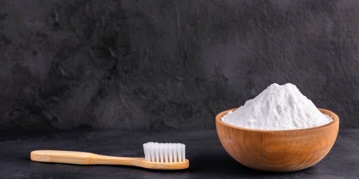 A wooden bowl of white powder sits next to a bamboo toothbrush on a dark surface, showcasing eco-friendly dental care