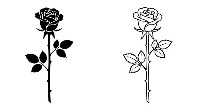 Rose Flower Silhouette and Outline Icon Set, Solid Black Silhouette Left and Line Outline Right, Isolated on White Background, Vector Illustration, SVG, EPS, Clipart