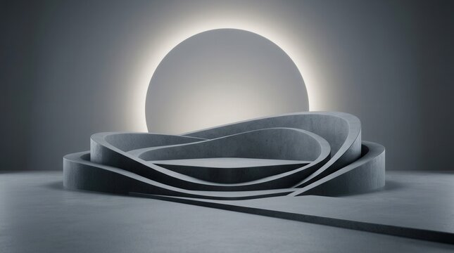 3D rendering mockup of a grey shades abstract podium and stage with a backlit blank wall for product presentation.