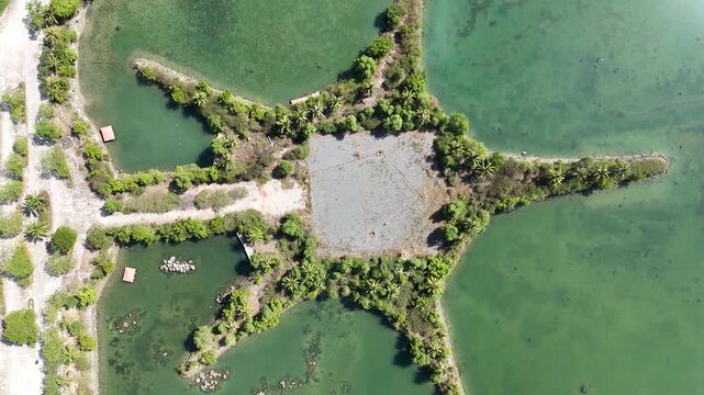 Drone footage captured from a true 90-degree top-down perspective above a starfish-shaped artificial peninsula surrounded by a man-made lake in Nha Trang, Vietnam.