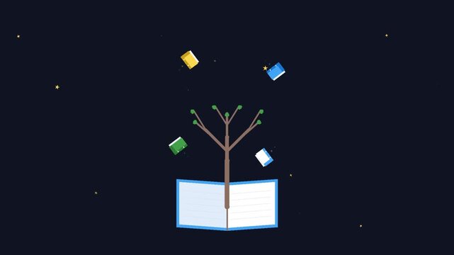 Animated vector video of a book moving as if in outer space.
