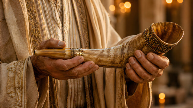 Closeup of hands holding an ornate ancient shofar horn