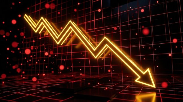 3D rendering of a global financial market crash with a graph and downward arrow on a digital red grid background showing economic collapse impact.