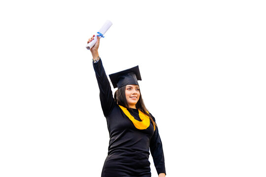 Celebrating graduation with diploma high, successful female student achieving academic goal. PNG