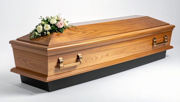 Casket with flowers isolated on white
