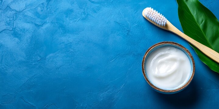 Natural dental care products on a blue background with a bamboo toothbrush and creamy toothpaste
