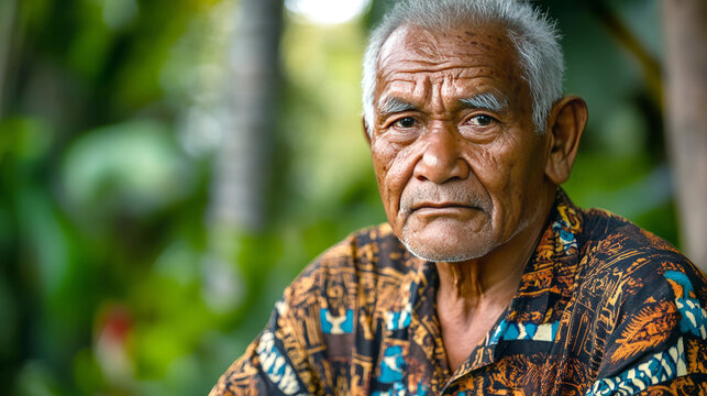 Portrait of senior polynesian man wearing traditional clothing in tropical garden