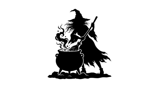 Halloween Halloween Witch Silhouette Stirring Cauldron with Broomstick. Scary Magic Vector Illustration. Spooky Monster Icon. Black Wizard Character Design for Holiday Graphic. vactor