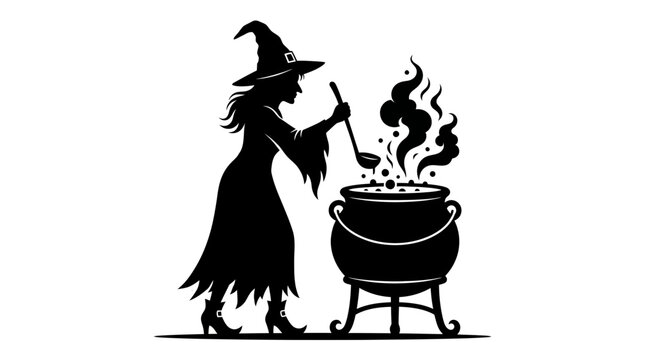 Halloween Vintage witch silhouette stirring magic potion in cauldron. Classical black vector illustration of sorceress with hat and smoking brew for Halloween design. vactor
