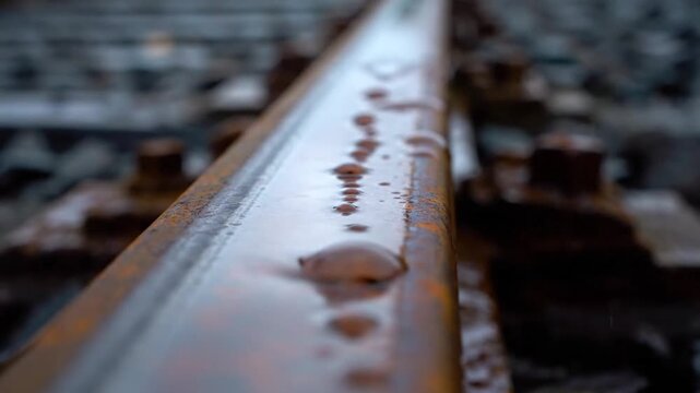 Close up of a wet rusty railroad track with water drops industrial setting