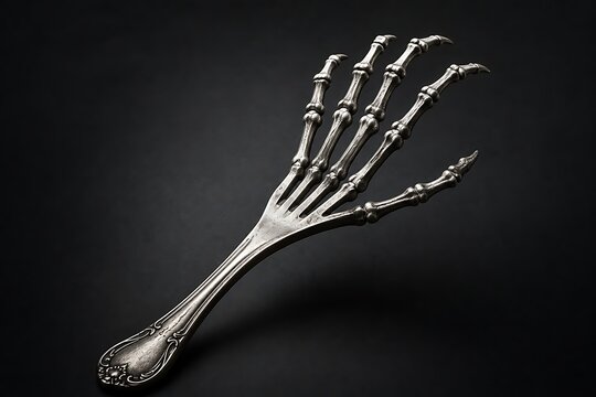 Vintage silver backscratcher shaped like a skeleton hand with sharp claws isolated on dark background