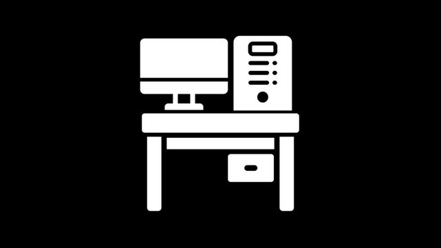 Desktop Computer Workstation Icon, Office Desk Setup with PC Monitor and System Unit, Workspace Equipment, Home Office, Business Technology, 4k animation .