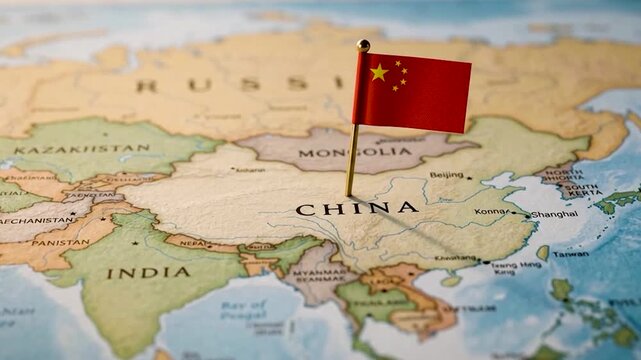 China Flag Pinned on World Map Showing Country Location in Asia