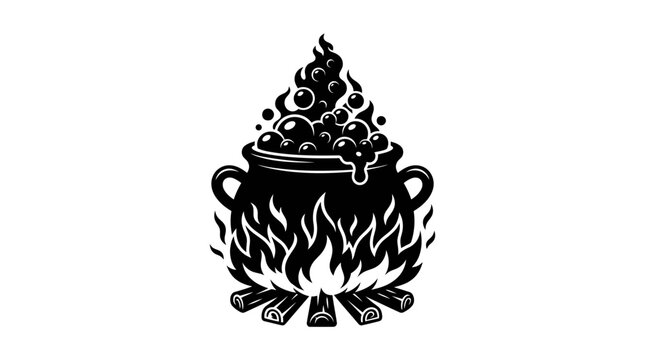 Helloween Medieval Style Black Cauldron with Potion, Casting Mold, Tattoo Flash, Witches Brew, Cauldron and Boiling Liquid Icon, Fantasy Silhouette, Fire and Log Vector vactor