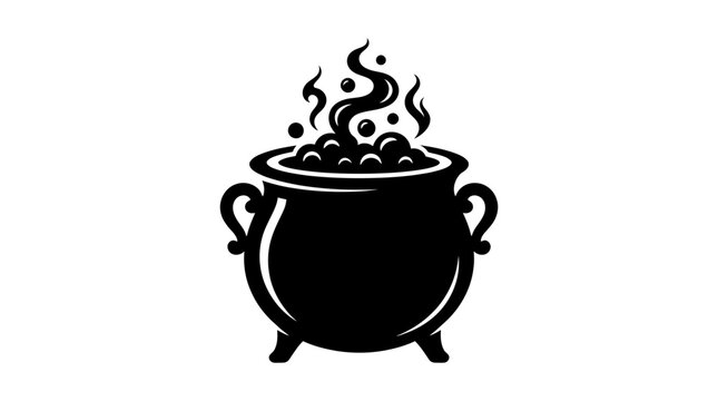 Helloween Halloween Cauldron Vector. Black Witch Pot Icon. Boiling Potion Magic Symbol. Spooky Bubbling Stew Graphic. Evil Brewing Design Element. Witches Brew Illustration. Vintage Sorcery